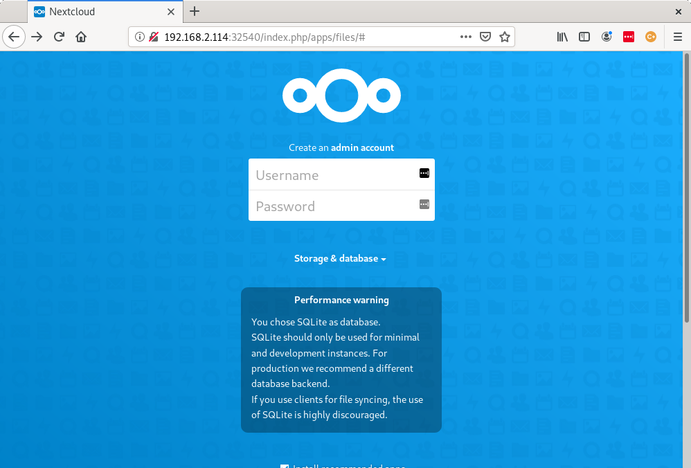 Screenshot-from-2020-06-23-06-47-27.png|NextCloud login page with NodePort